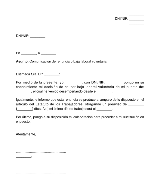 Carta de renuncia voluntaria de empleado del hogar