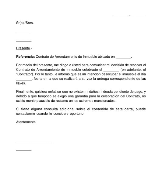 Carta de Resolución Anticipada de Arrendamiento de Inmueble del Arrendatario