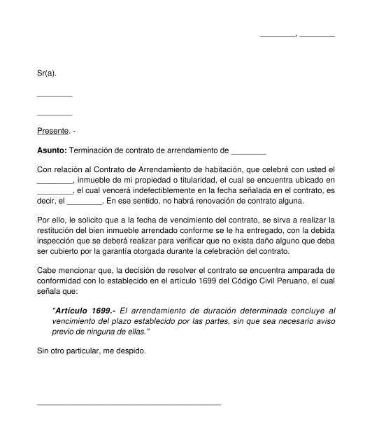 Carta de resolución de arrendamiento del arrendador
