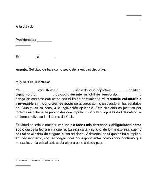 Carta de solicitud de baja de un socio de un club deportivo