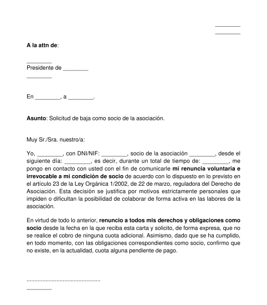 Carta de solicitud de baja de un socio de una asociación