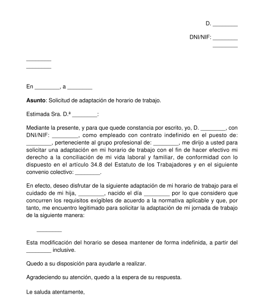 Carta de solicitud de cambio o flexibilidad horaria