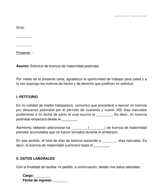 Carta de solicitud de licencia de maternidad postnatal
