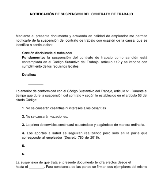 Carta de suspensión del contrato de trabajo