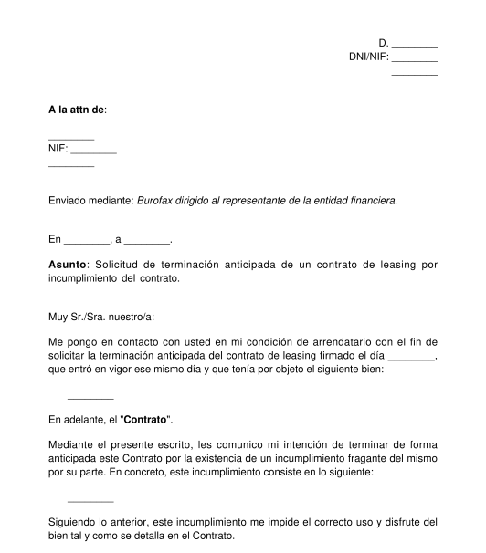 Carta de Terminación Anticipada de un Contrato de Renting o Leasing  Dirigida al Arrendador