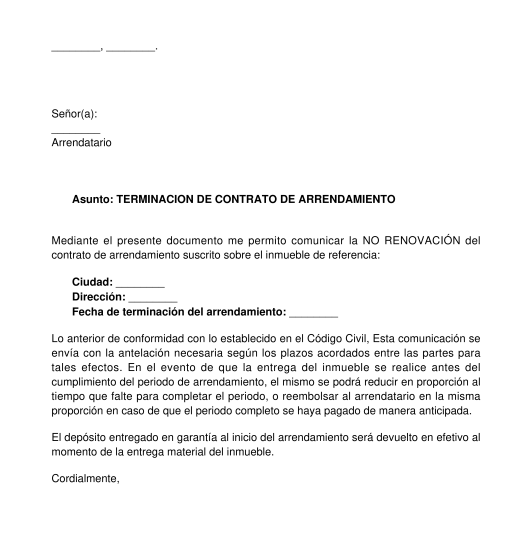 Carta de Terminación de Arrendamiento Comercial