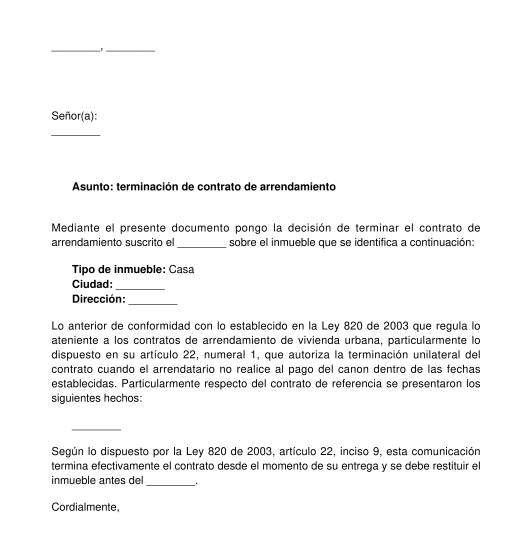 Carta de terminación de contrato de arrendamiento del arrendador o propietario