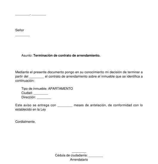Carta de terminación de contrato de arrendamiento del arrendatario o inquilino