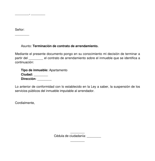 Carta de terminación de contrato de arrendamiento del arrendatario o inquilino