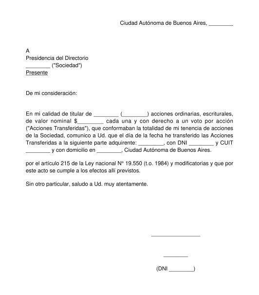 Carta de Transferencia de Acciones de S.A.
