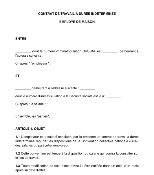 Contrat de travail pour une employée de maison CDI, CDD
