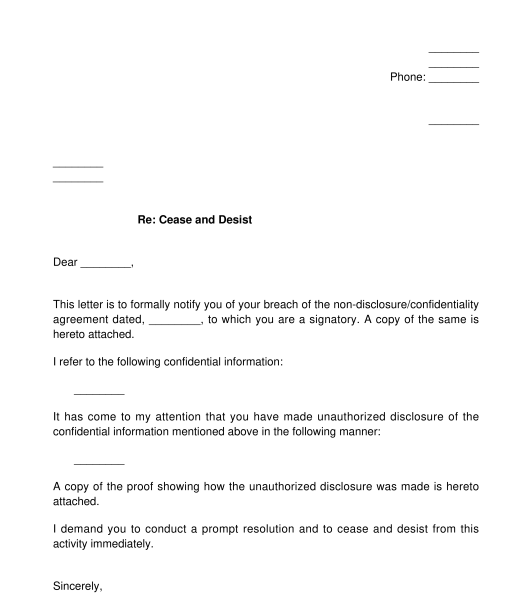 Cease and Desist Letter for Violation of Non-Disclosure Agreement