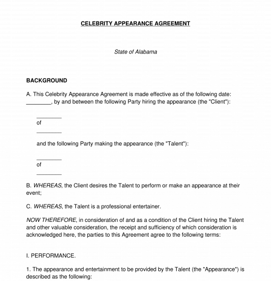 Celebrity Appearance Agreement Template