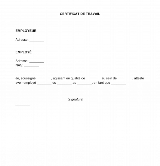 Certificat/Attestation de travail