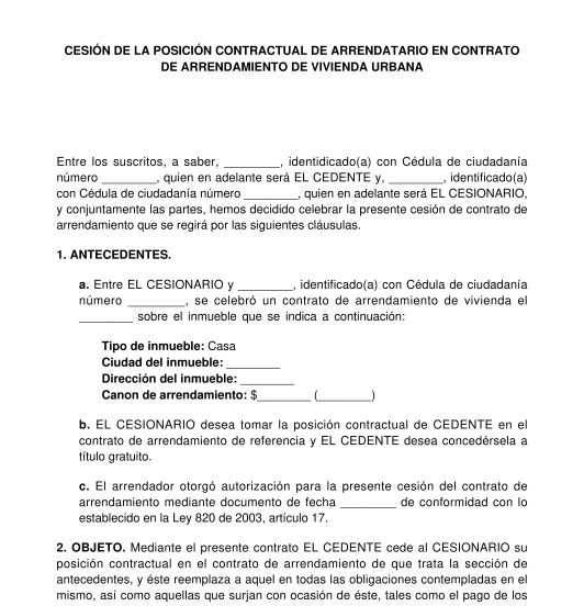 Cesión de contrato de arrendamiento del arrendatario o inquilino