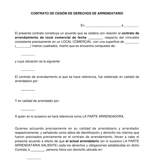 Cesión de derechos de arrendatario para contrato de arrendamiento de local comercial