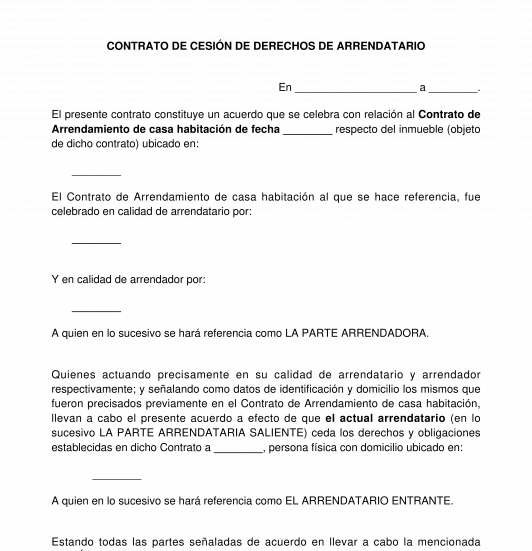 Cesión de derechos para contrato de arrendamiento de casa habitación