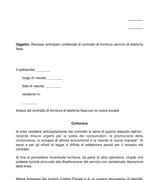 Cessazione del contratto di fornitura di servizi di telecomunicazione