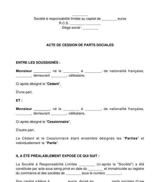 Acte de cession de parts sociales SARL