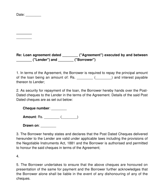 Cheque Deposit Letter Pursuant to a Loan Agreement