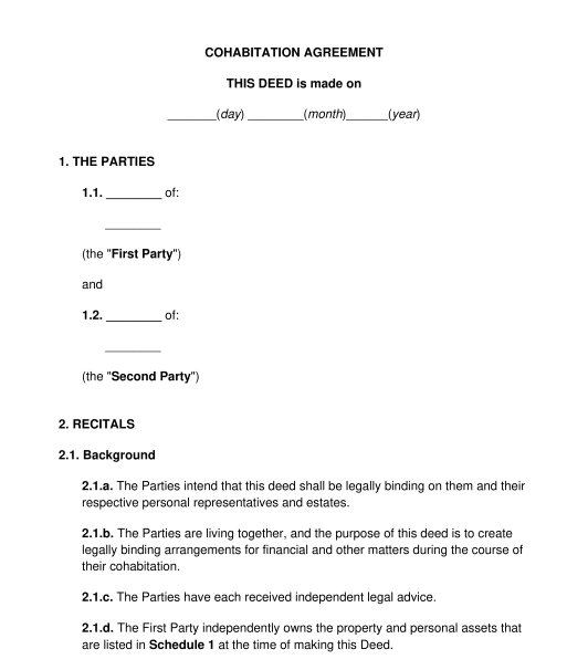 Living Together Agreement Template Free Uk