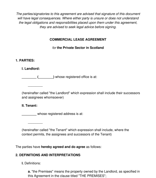 Commercial Lease (Scotland) Template Word & PDF
