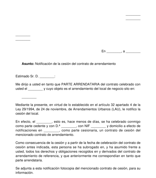 Comunicación al arrendador de la cesión o el subarriendo de su local de negocio