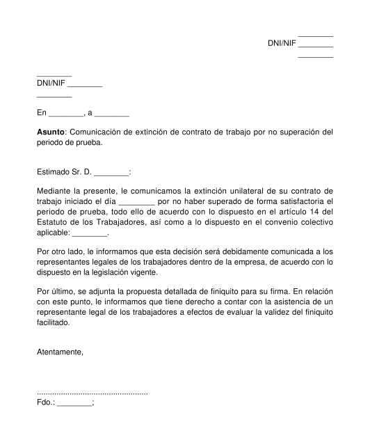 Comunicación al empleado de la extinción de su contrato por no superar el periodo de prueba