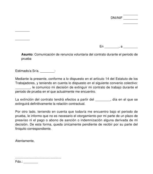 Comunicación al empleador del fin del contrato de trabajo durante el periodo de prueba