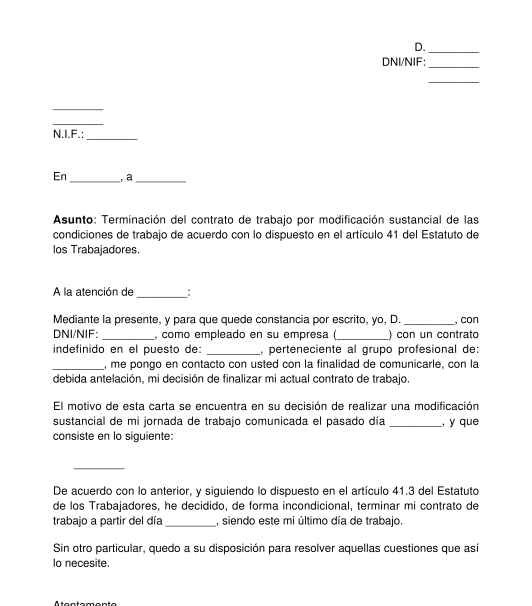 Comunicación del fin del contrato de trabajo por modificación de las condiciones de trabajo