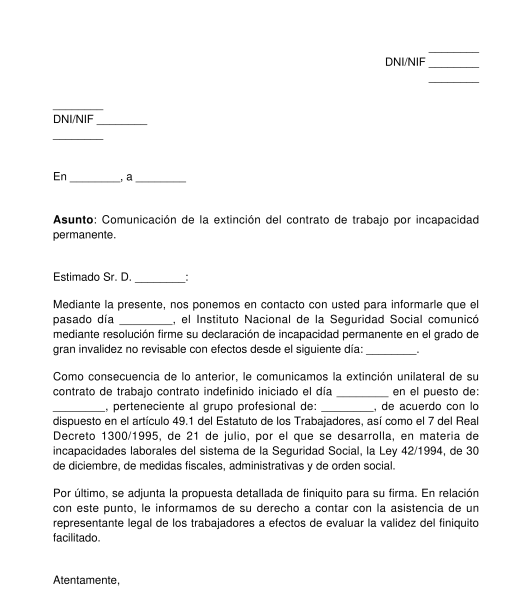 Comunicación de la extinción de un contrato de trabajo por incapacidad permanente