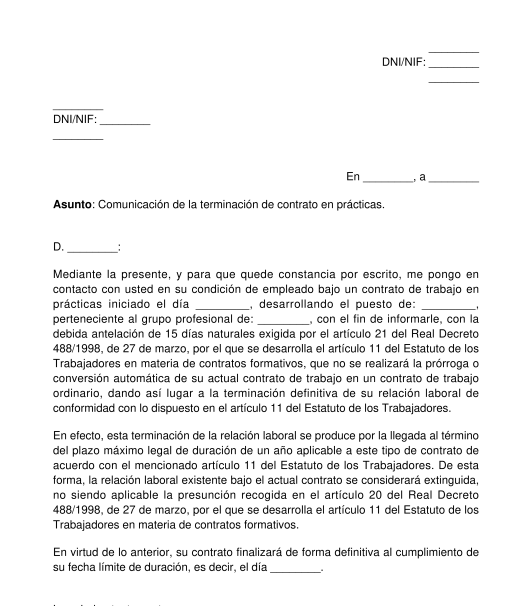 Comunicación de fin del plazo máximo de duración del contrato en prácticas o para la formación