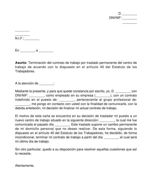 Comunicación de finalización de un contrato de trabajo por movilidad geográfica