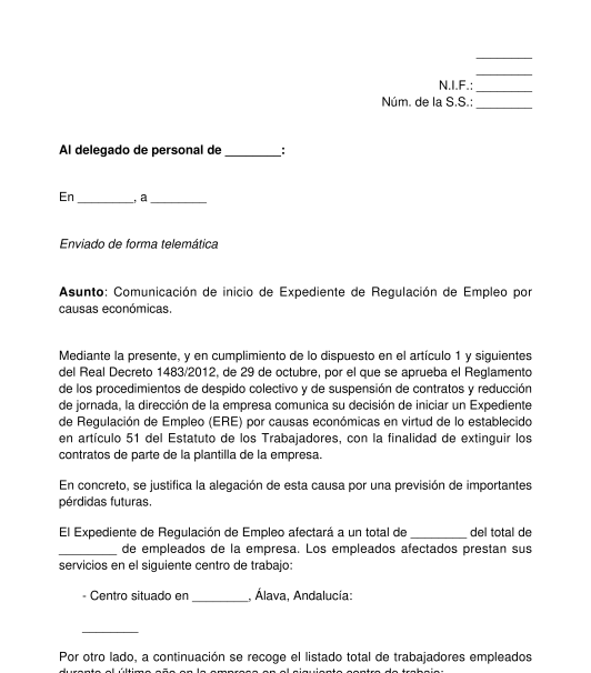 Comunicación de inicio de ERE por causas objetivas