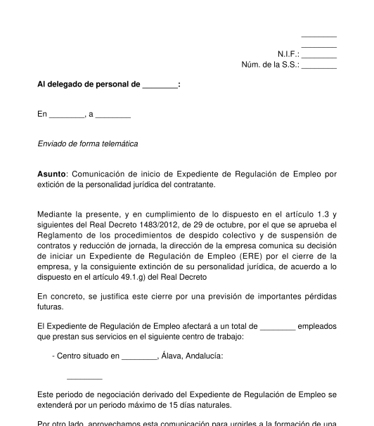 Comunicación de inicio de ERE por cierre de empresa