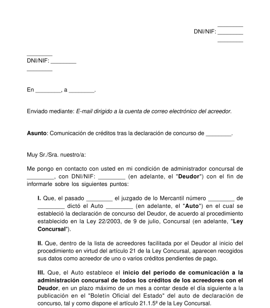 Comunicación a los acreedores de su obligación de comunicar su crédito por declaración de concurso