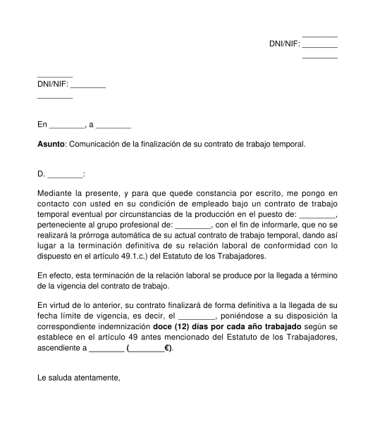 Comunicación de la no Renovación de un Contrato de Trabajo Temporal