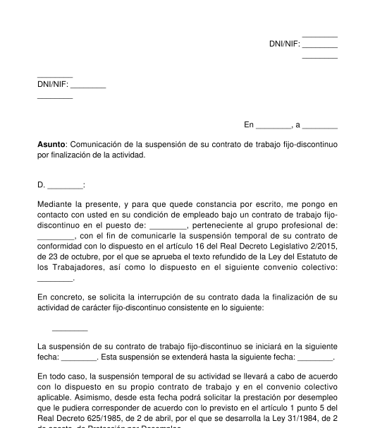 Comunicación de suspensión de contrato de trabajo fijo-discontinuo