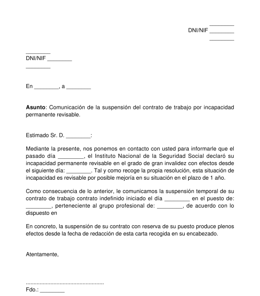 Comunicación de la suspensión de un contrato de trabajo por incapacidad permanente revisable