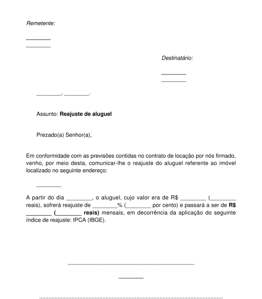 Comunicado de reajuste de aluguel