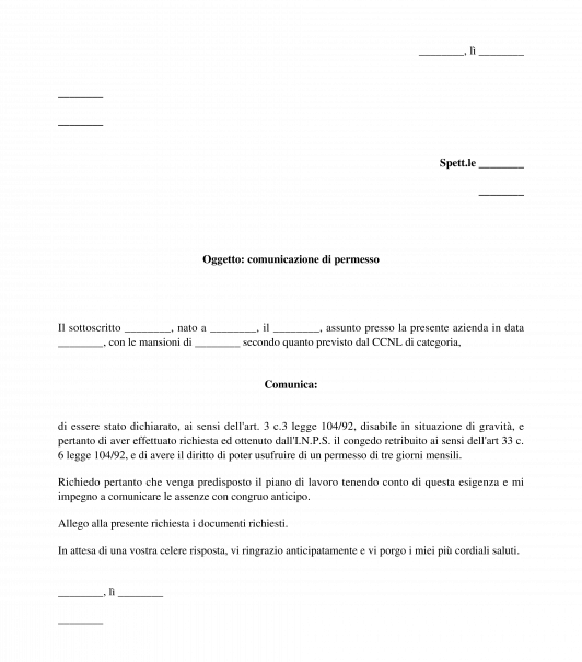 Comunicazione al datore di lavoro permesso legge 104 disabili