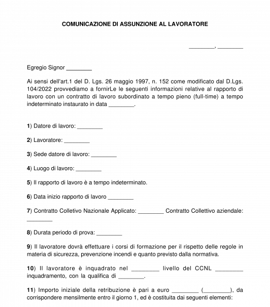 Comunicazione di assunzione al lavoratore