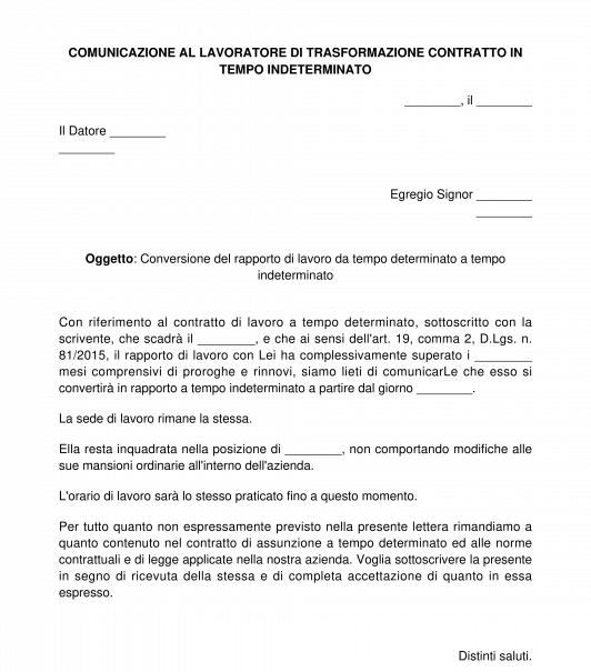 Comunicazione al lavoratore di trasformazione del contratto a tempo indeterminato