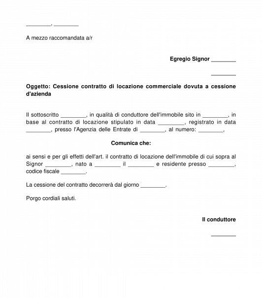 Comunicazione al locatore cessione locazione commerciale