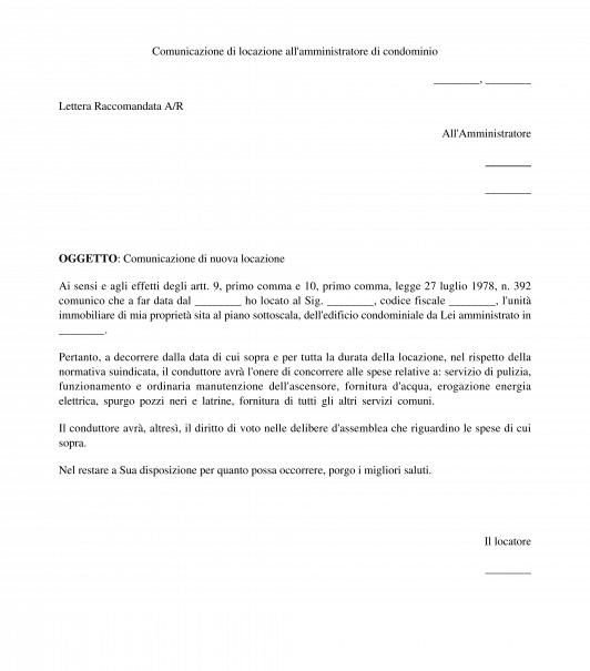 Comunicazione di locazione all'amministratore di condominio
