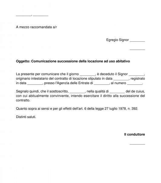 Comunicazione successione locazione ad uso abitativo per morte conduttore originario
