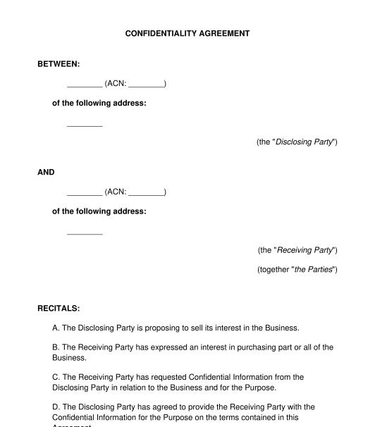 Simple Confidentiality Agreement Template Free Australia