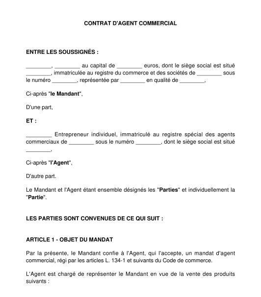 Contrat d'agent commercial - Mandat commercial