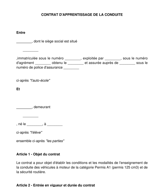 Contrat d'apprentissage de la conduite