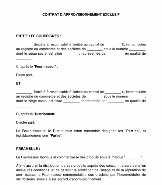 Modele contrat d exclusivité commerciale